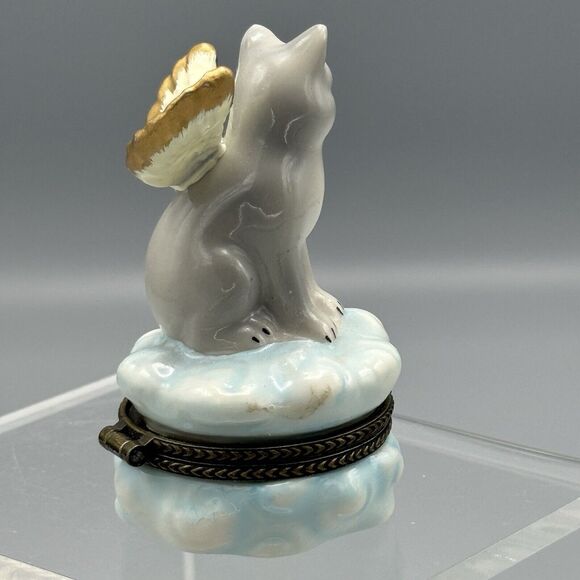 Vtg Unmarked Angel Cat Sitting on Cloud Hinged Trinket Box Heavenly Winged Kitty - Picture 10 of 10